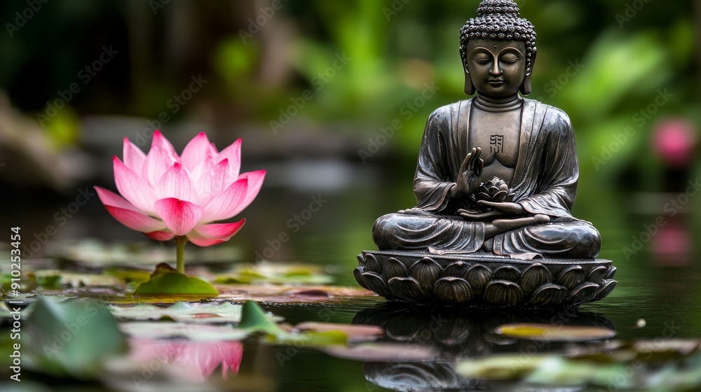 Calm bronze Buddha statue beside a blooming pink lotus flower, reflecting tranquility in a serene garden pond. Calm bronze Buddha statue beside a blooming pink lotus flower, reflecting tranquility in a serene garden pond.