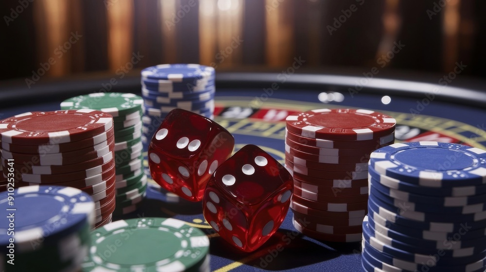 Close-up of colorful poker chips and dice on a casino table, creating a vibrant gambling scene. Close-up of colorful poker chips and dice on a casino table, creating a vibrant gambling scene.
