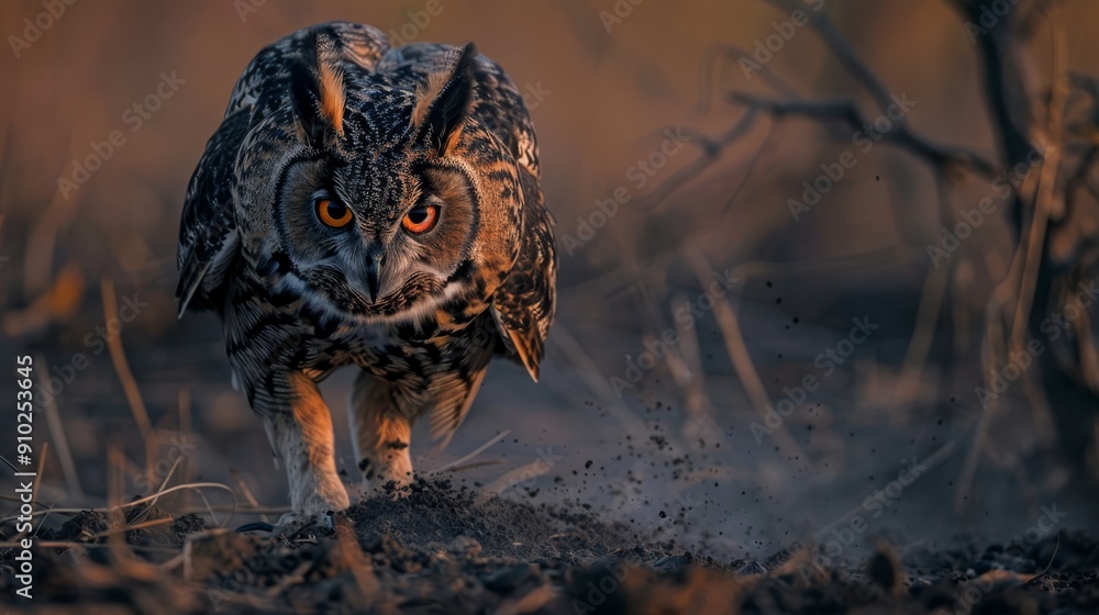 A tight shot of an owl striding on dirt, surrounded by grass, trees, and a hazy, indistinct sky A tight shot of an owl striding on dirt, surrounded by grass, trees, and a hazy, indistinct sky