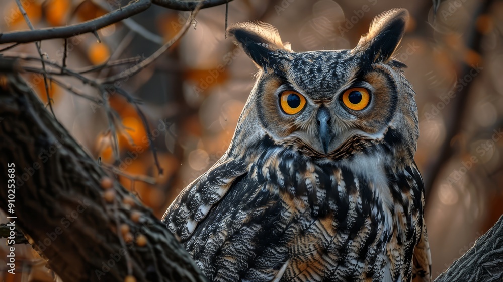 A tight shot of an owl perched on a tree branch, surrounded by a softly blurred backdrop of leaves and twigs A tight shot of an owl perched on a tree branch, surrounded by a softly blurred backdrop of leaves and twigs