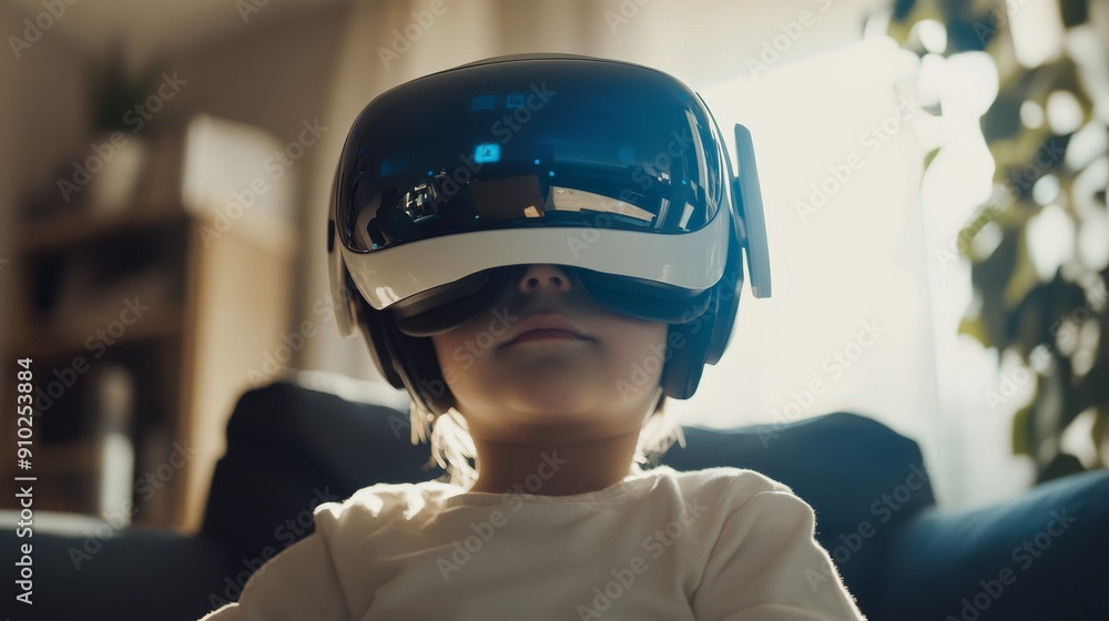 A young Caucasian boy immersed in a virtual reality experience, showcasing excitement and curiosity in a cozy living room setting. A young Caucasian boy immersed in a virtual reality experience, showcasing excitement and curiosity in a cozy living room setting.