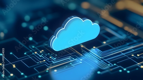 A digital illustration of a blue cloud icon floating above a circuit board, representing cloud computing technology.