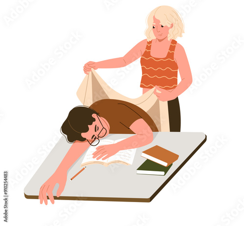 A girlfriend who helps her boyfriend cover the quilt, Tired boyfriend sleeping at table with book