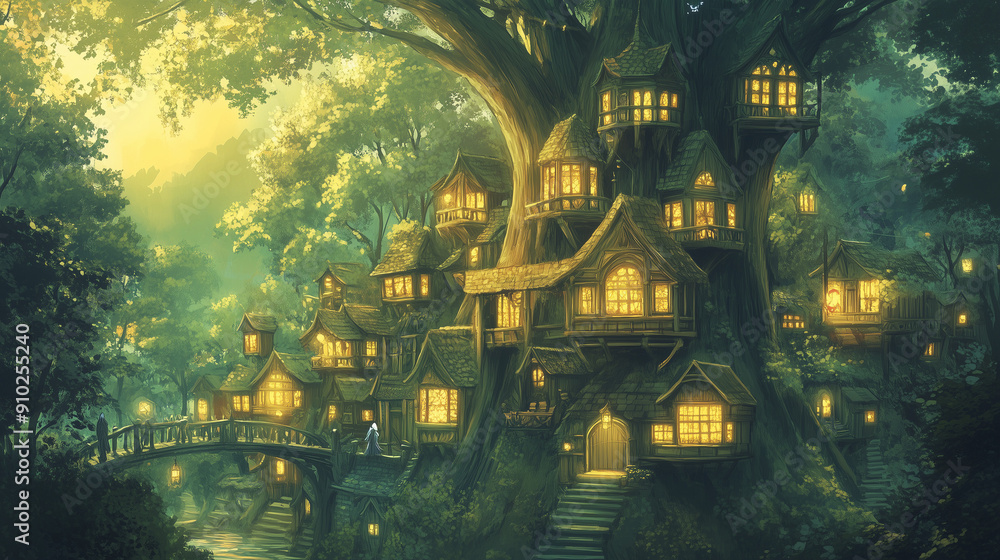 Fantasy anime art featuring an elven village constructed inside a giant ...