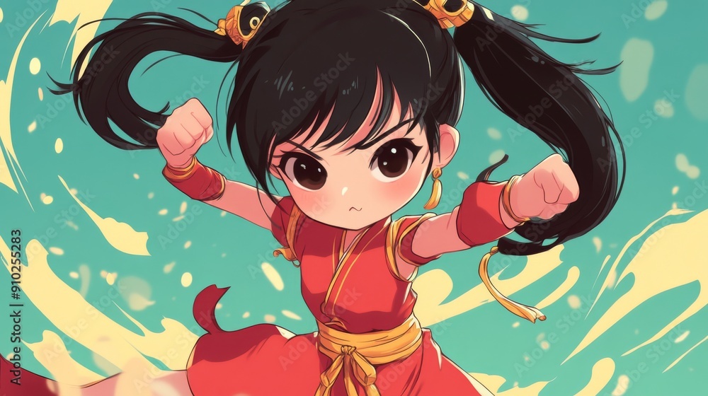 A determined young girl with black hair styled in pigtails, wearing a red martial arts outfit, strikes a powerful pose with fiery energy swirling around her. A determined young girl with black hair styled in pigtails, wearing a red martial arts outfit, strikes a powerful pose with fiery energy swirling around her.