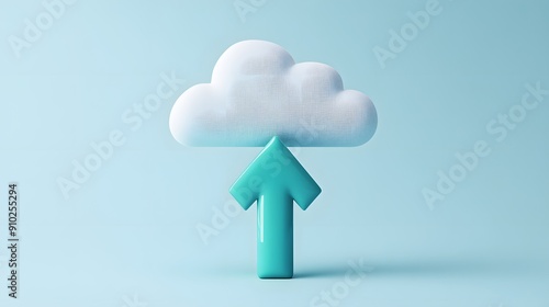 A minimalist 3D rendering of a teal arrow pointing up toward a white cloud, symbolizing cloud storage and data upload against a light blue background.