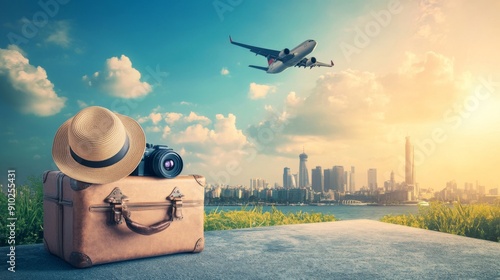 A suitcase with a hat and camera ready to travel photo