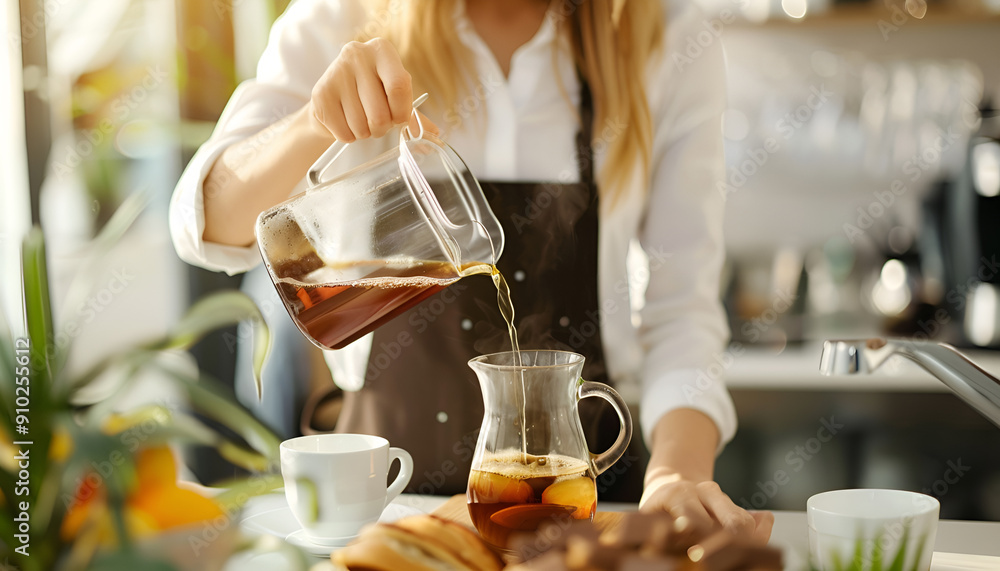 Waitress pouring hot drink during coffee break, closeup Waitress pouring hot drink during coffee break, closeup