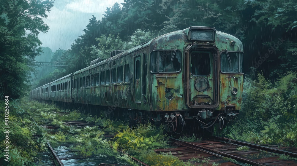 Anime style depiction of an abandoned train, capturing the eerie beauty and serene decay. Anime style depiction of an abandoned train, capturing the eerie beauty and serene decay.