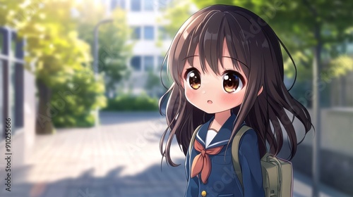 A young Asian girl in a school uniform, looking contemplative as she walks down a sunlit street surrounded by greenery.