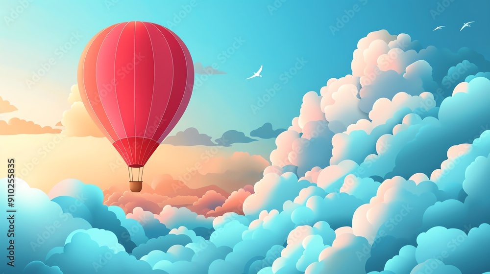 © Chanagun - Flat 2D illustration style, hot air balloon and clouds, airy colors