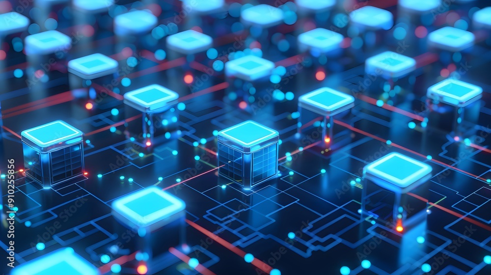 Abstract digital circuit board with glowing elements, representing futuristic technology and data processing concept. Abstract digital circuit board with glowing elements, representing futuristic technology and data processing concept.