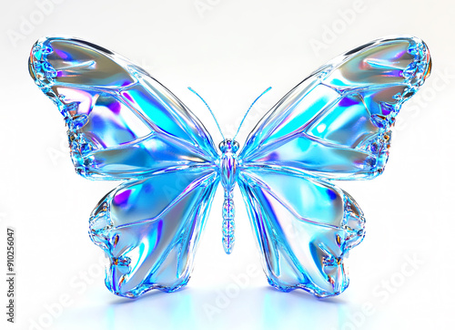 Elegant, shiny blue crystal butterfly on a white background.	