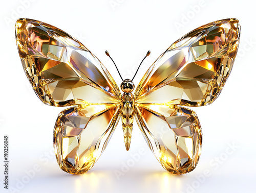 Elegant, shiny golden brown crystal butterfly on a white background.	