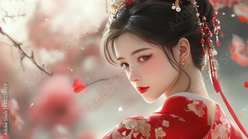 A beautiful young Asian woman in a red traditional dress, surrounded by delicate cherry blossoms, exuding elegance and grace.