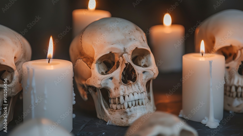 Skulls and candles on haunted altar, eerie glow Skulls and candles on haunted altar, eerie glow