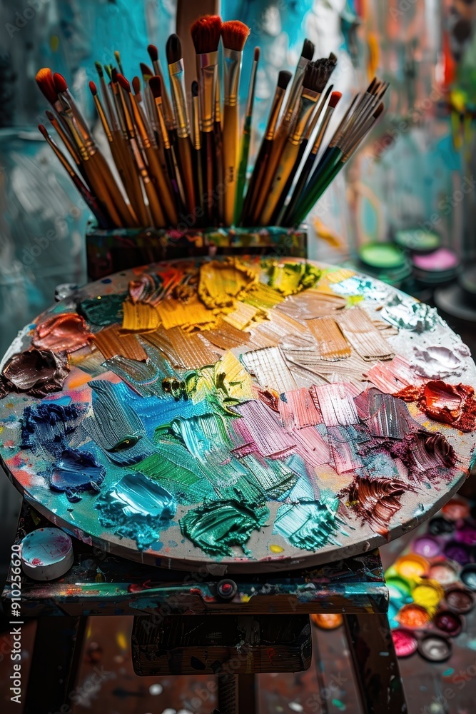 Creative Tools - Vibrant Artist Palette, Brushes, and Sketches for Inspiration Creative Tools - Vibrant Artist Palette, Brushes, and Sketches for Inspiration