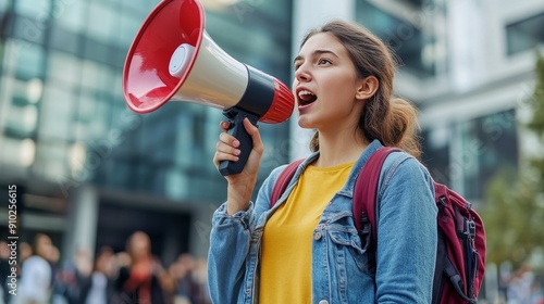 Young Hispanic woman passionately speaking through a megaphone at a protest, showcasing her determination and activism in a vibrant urban setting.