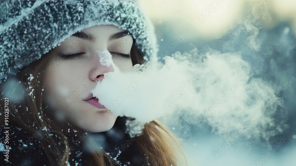 A young Caucasian woman exhales steam in a snowy landscape, capturing the chilly winter atmosphere while wearing a cozy knit hat. A young Caucasian woman exhales steam in a snowy landscape, capturing the chilly winter atmosphere while wearing a cozy knit hat.