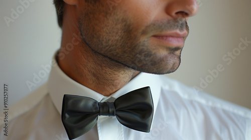 Man Wearing Black Bow Tie with White Shirt, Close-Up of Elegant Formal Attire