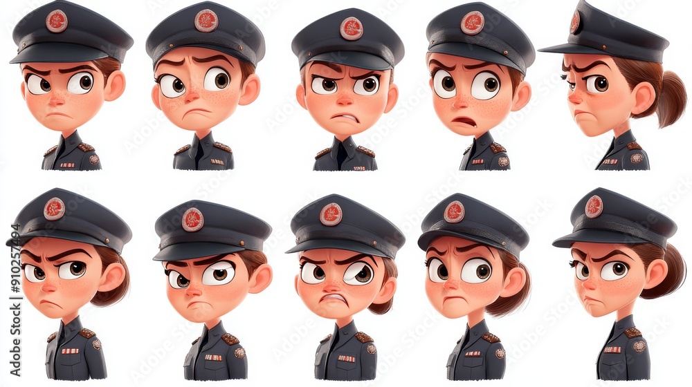 A young female animated character in a dark uniform displays a range of emotions, from determination to frustration. A young female animated character in a dark uniform displays a range of emotions, from determination to frustration.