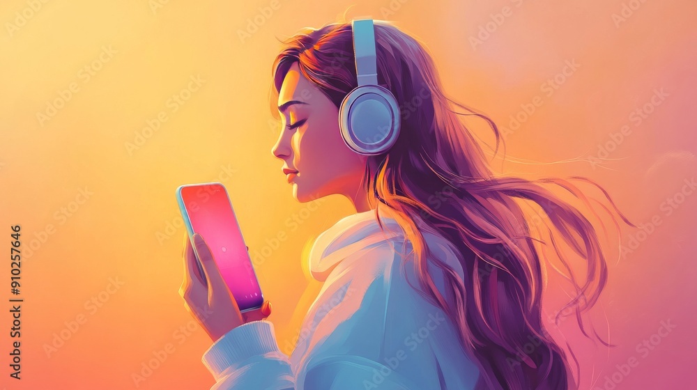 A young Asian woman enjoys music with headphones, immersed in a vibrant sunset ambiance. A young Asian woman enjoys music with headphones, immersed in a vibrant sunset ambiance.