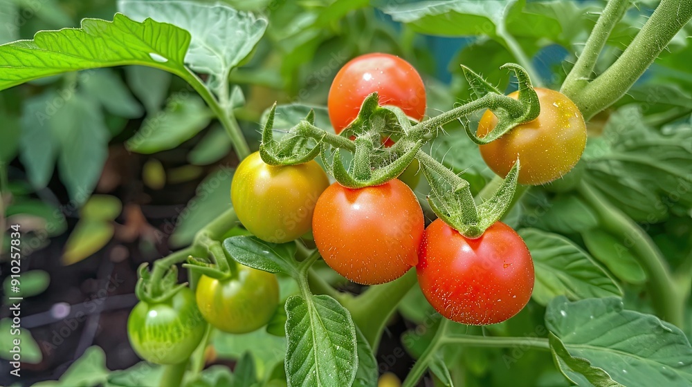custom made wallpaper toronto digitalRipe tomatoes hanging from tomato bushes. Vegetarian, vegan or raw food. Vegetables ripening in the vegetable garden. Illustration for cover, brochure, advertising, marketing or presentation.