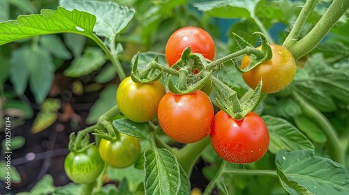 Wallpaper Mural Ripe tomatoes hanging from tomato bushes. Vegetarian, vegan or raw food. Vegetables ripening in the vegetable garden. Illustration for cover, brochure, advertising, marketing or presentation. Torontodigital.ca