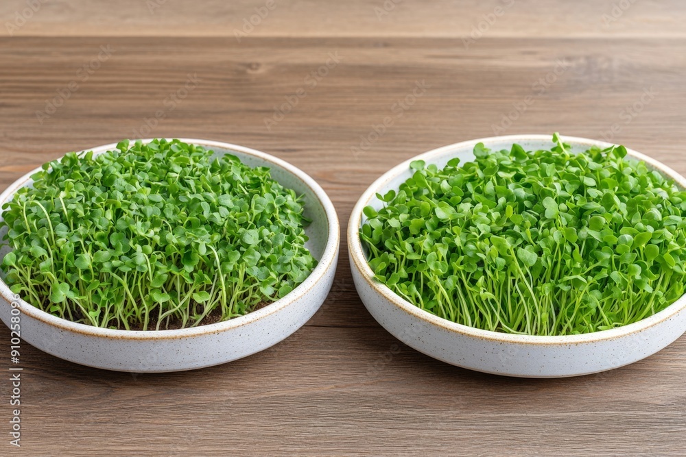 Fresh Microgreens in Ceramic Bowls on Wooden Tabletop Fresh Microgreens in Ceramic Bowls on Wooden Tabletop