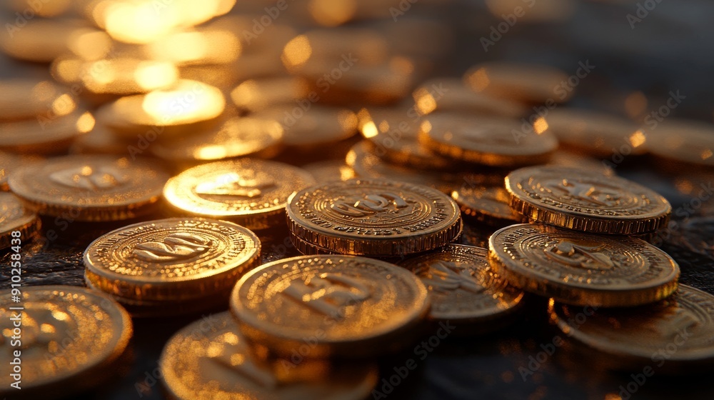 A pile of shimmering gold coins reflecting sunlight, creating a warm, inviting atmosphere. A pile of shimmering gold coins reflecting sunlight, creating a warm, inviting atmosphere.