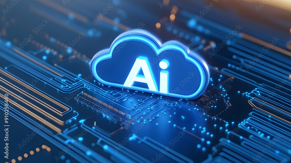 Fototapeta premium Blue cloud with AI text on futuristic circuit board, symbolizing artificial intelligence and technology in digital cloud computing.