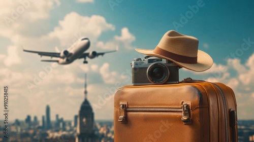 vacation concept, suitcase with hat and camera