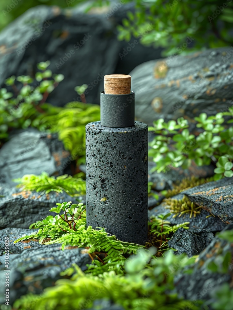 A sleek, black stone perfume bottle with a cork top, surrounded by lush greenery and moss on rocky terrain. A sleek, black stone perfume bottle with a cork top, surrounded by lush greenery and moss on rocky terrain.