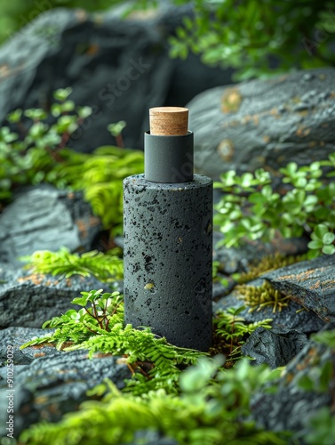 A sleek, black stone perfume bottle with a cork top, surrounded by lush greenery and moss on rocky terrain.