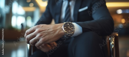 Business Traveler Checking Time on Wristwatch at Airport