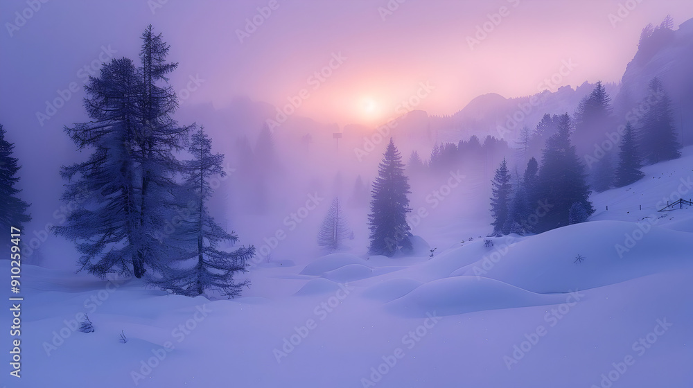 Winter Wonderland Photo - Sun Setting Over Snowy Mountain Landscape Winter Wonderland Photo - Sun Setting Over Snowy Mountain Landscape