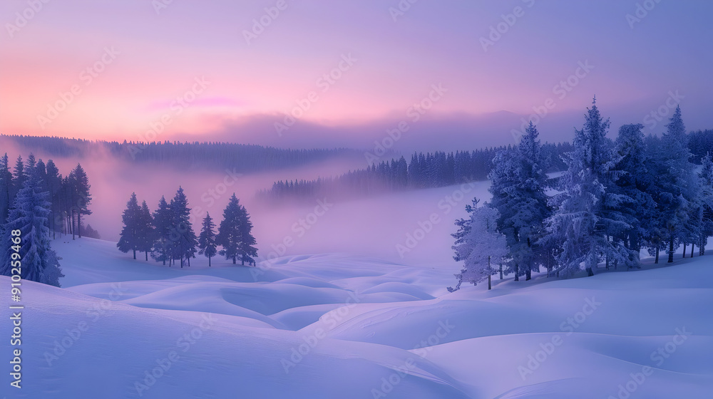 Winter Wonderland Landscape - Snowy Forest and Pink Sky Photo Winter Wonderland Landscape - Snowy Forest and Pink Sky Photo