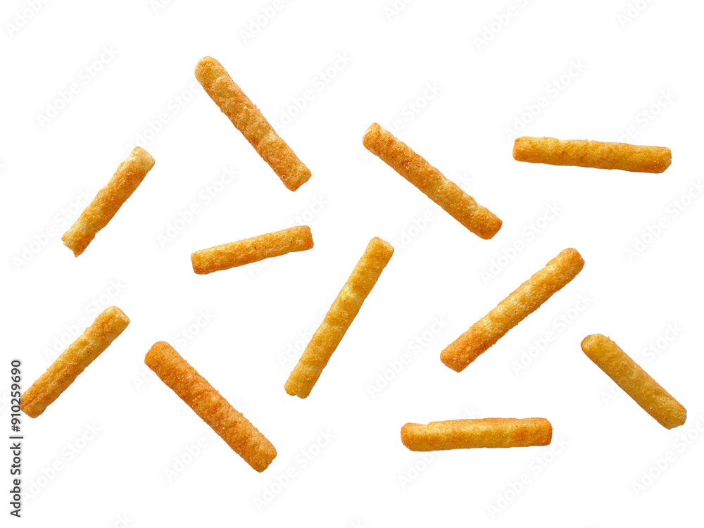Collection of Cheese stick snacks scattered isolated on white background, clipping path, full depth of field. Top view, flat lay of flavored potato chips. Collection of Cheese stick snacks scattered isolated on white background, clipping path, full depth of field. Top view, flat lay of flavored potato chips.