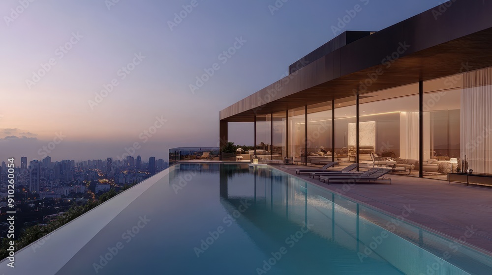 Obraz premium Sleek Urban Living: Modern Condominium with Rooftop Pool in Vibrant Cityscape