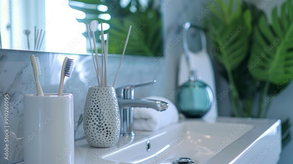 Modern Bathroom Sink with Toothbrushes and Decor Modern Bathroom Sink with Toothbrushes and Decor