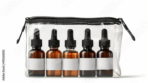 Transparent Travel Bag with Assorted Amber Dropper Bottles for Essential Oils