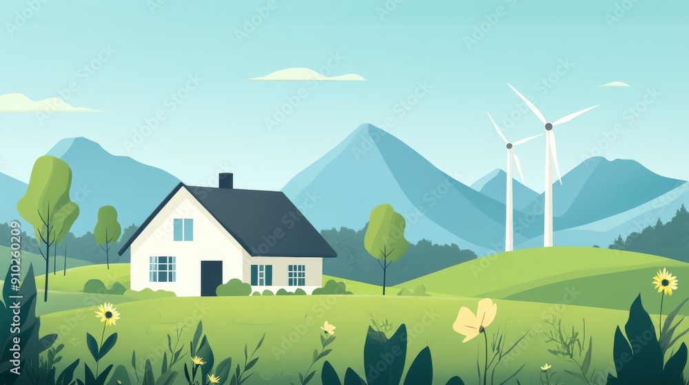 A serene landscape featuring a modern house surrounded by lush greenery and wind turbines against a backdrop of mountains. A serene landscape featuring a modern house surrounded by lush greenery and wind turbines against a backdrop of mountains.