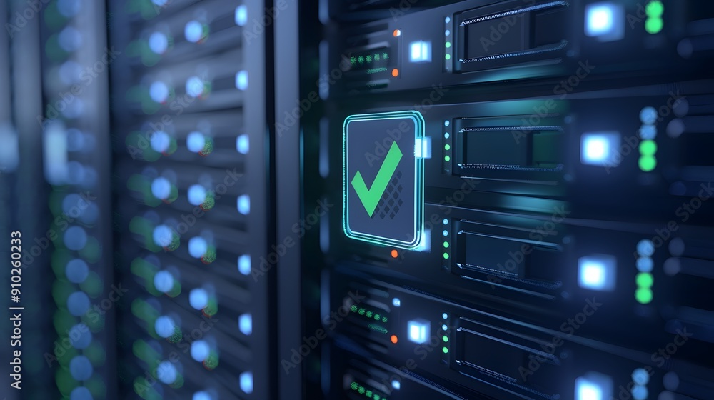 Close-up of server racks in a modern data center with a glowing green checkmark indicating successful system operation and security. Close-up of server racks in a modern data center with a glowing green checkmark indicating successful system operation and security.