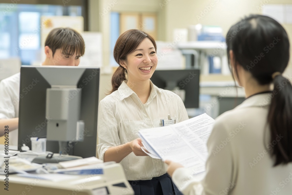 A cheerful Asian female receptionist assists a client at a busy office, creating a warm and professional atmosphere. A cheerful Asian female receptionist assists a client at a busy office, creating a warm and professional atmosphere.