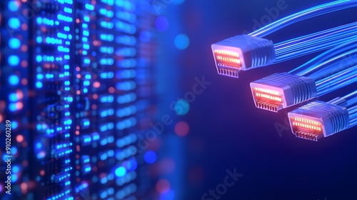 Close-up view of network cables connected to a data server in a technological environment with blue and red lights. photo