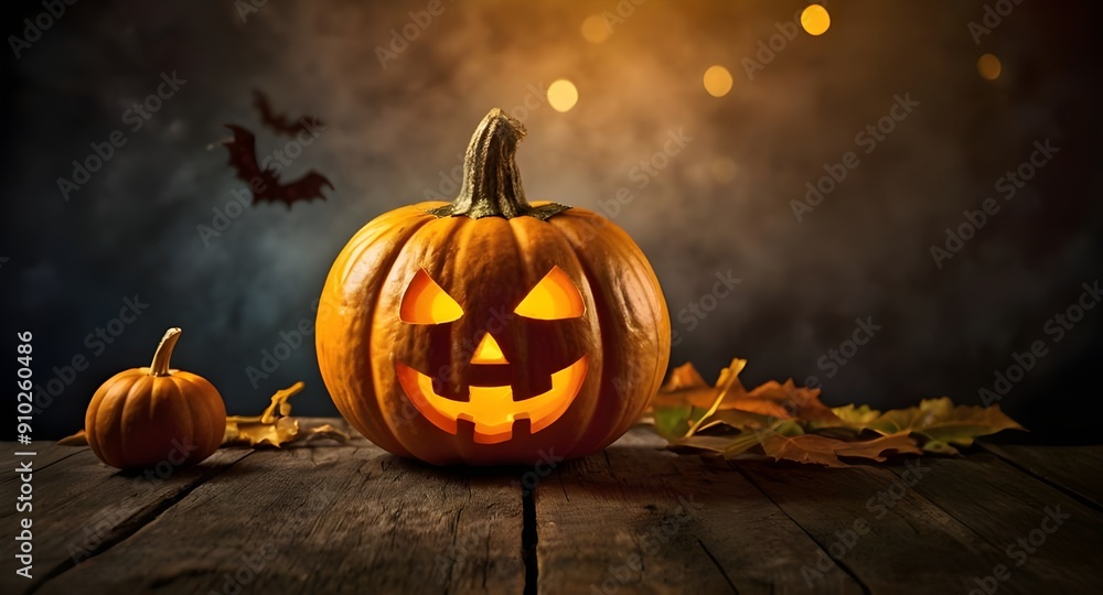 A spooky forest sunset with a haunted evil glowing eyes of Jack O' Lanterns on the left of a wooden bench on a scary halloween night. A spooky forest sunset with a haunted evil glowing eyes of Jack O' Lanterns on the left of a wooden bench on a scary halloween night.