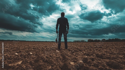 A contemplative male farmer stands in a barren field, gazing at an impending storm under dramatic, overcast skies.