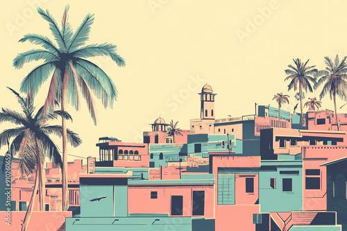 Risograph current riso print travel poster, card, wallpaper or banner illustration, modern, isolated, clear, simple of Larkana, Pakistan. Artistic, screen printing, stencil photo