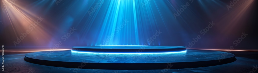 Podium illuminated by radiant blue light rays, event spotlight background Podium illuminated by radiant blue light rays, event spotlight background