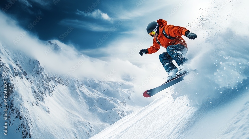 A male snowboarder of Asian descent in an orange jacket performs a dynamic jump over fresh snow, showcasing his skills against a stunning backdrop. A male snowboarder of Asian descent in an orange jacket performs a dynamic jump over fresh snow, showcasing his skills against a stunning backdrop.